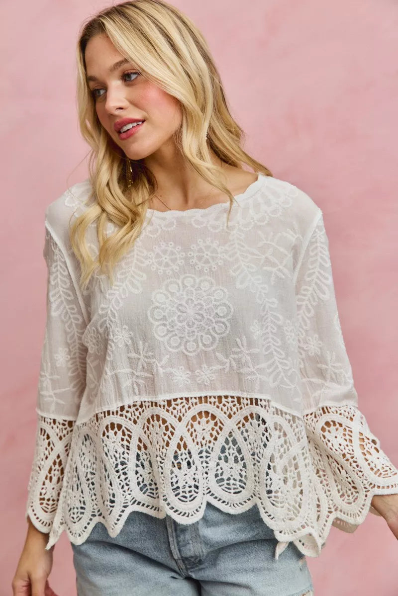 Floral Embroidered Crochet Lace Trimmed Top So Me