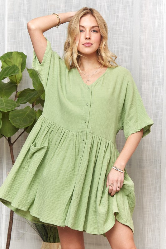 V-Neck Half Sleeve Dress with Pockets Adora
