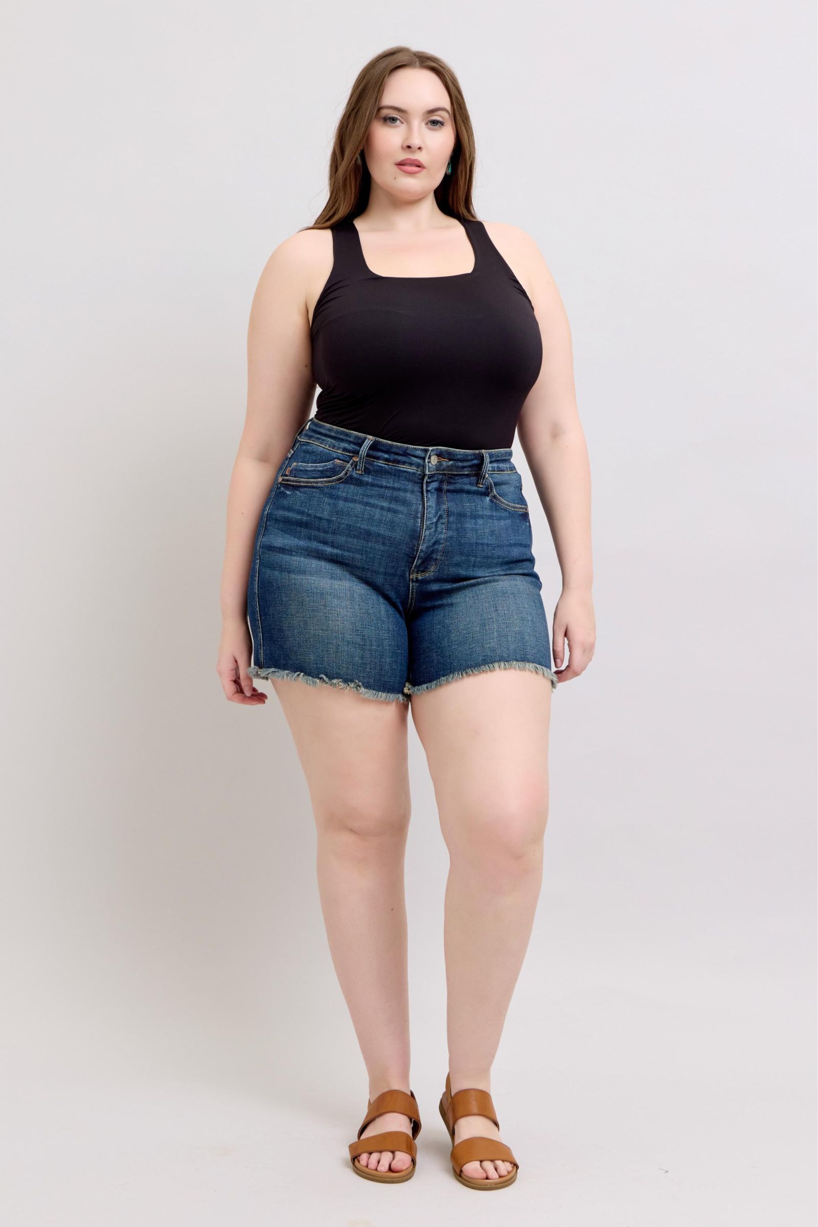 Tummy Control Fray Hem & Shield Back Pockets Denim Shorts Judy Blue