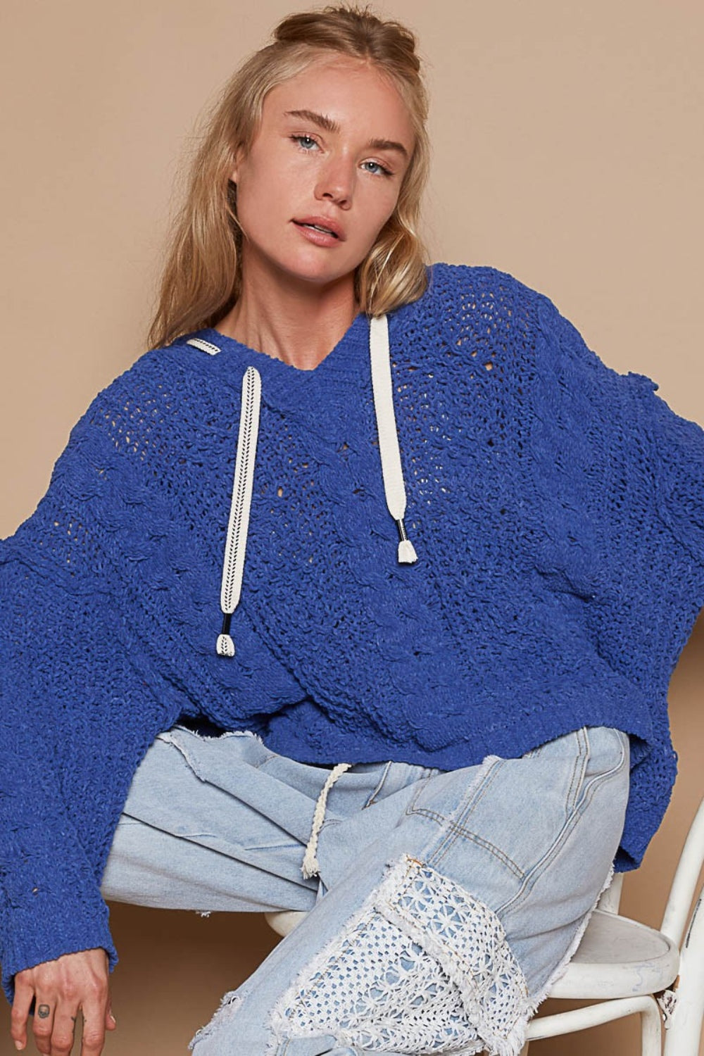 Cable Knit Hooded Chenille Sweater POL Ultramarine S 