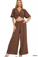 Woven Airflow Twisted Top & Wide Leg Pants Set ZENANA BROWN S