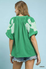 Umgee Embroidered Balloon Sleeve Notch Neck Blouse Trendsi