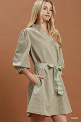 Umgee Textured Contrast Trim Tie Waist Mini Dress Trendsi