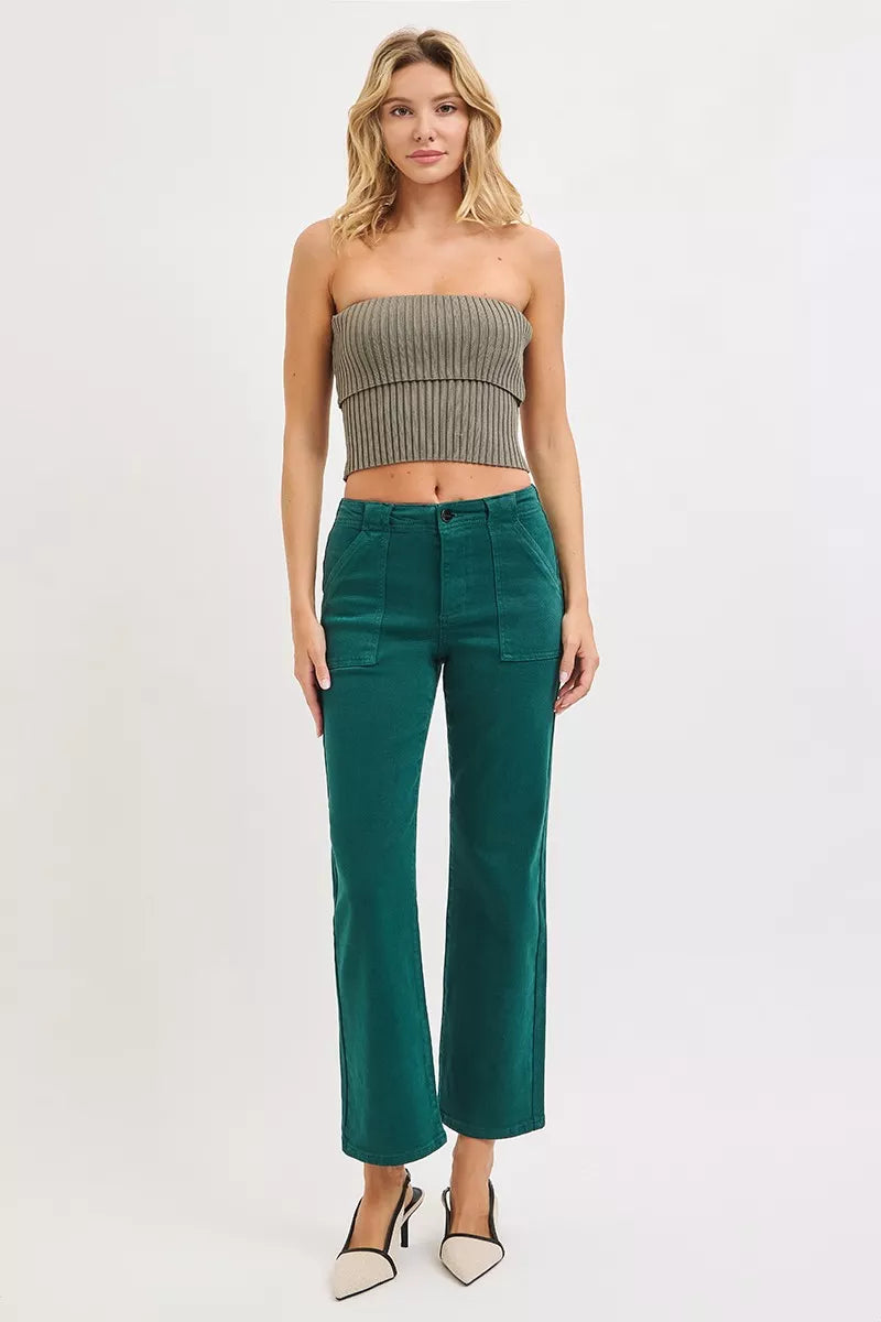 High Rise Ankle Flare Patch Pocket Jeans Risen