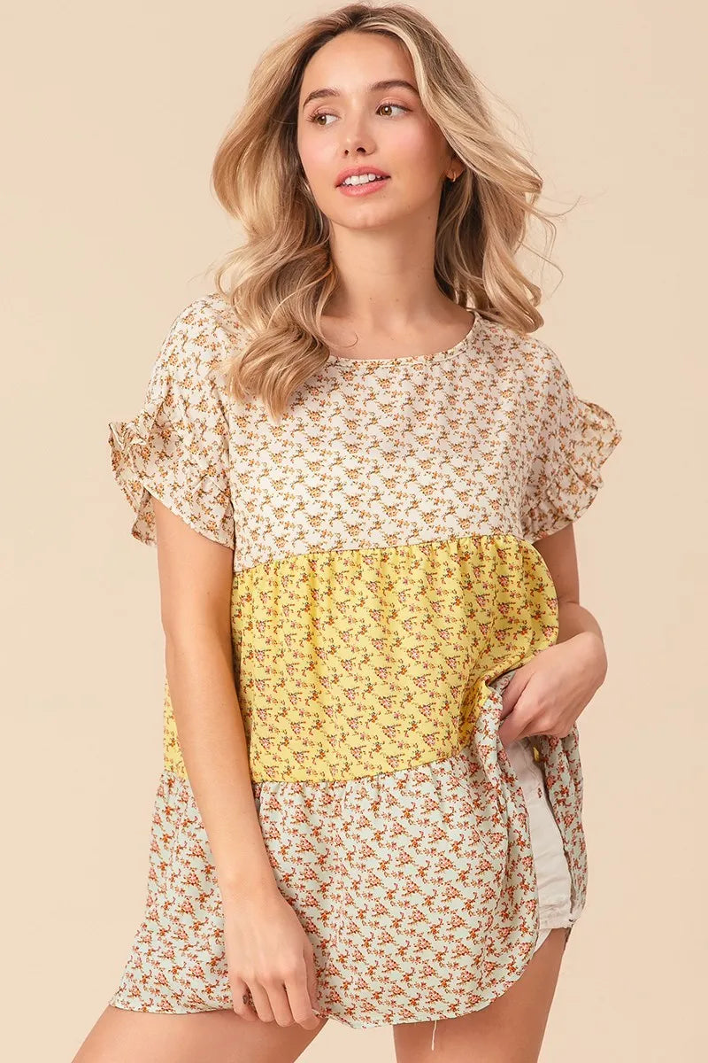 Floral Printed Woven Color Block and Tiered Top BiBi