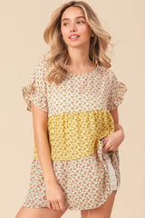 Floral Printed Woven Color Block and Tiered Top BiBi