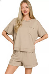 Exposed Seam Boxy Top & Shorts Set ZENANA ASH MOCHA S
