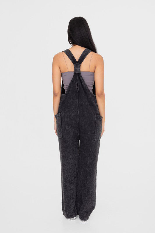 Mineral-Washed V Neck Overalls with Pockets Mono B