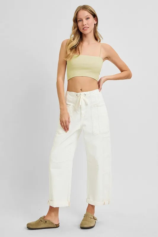 High Rise Crop Wide Barrel Cargo Pocket Jeans With Plus Size Risen