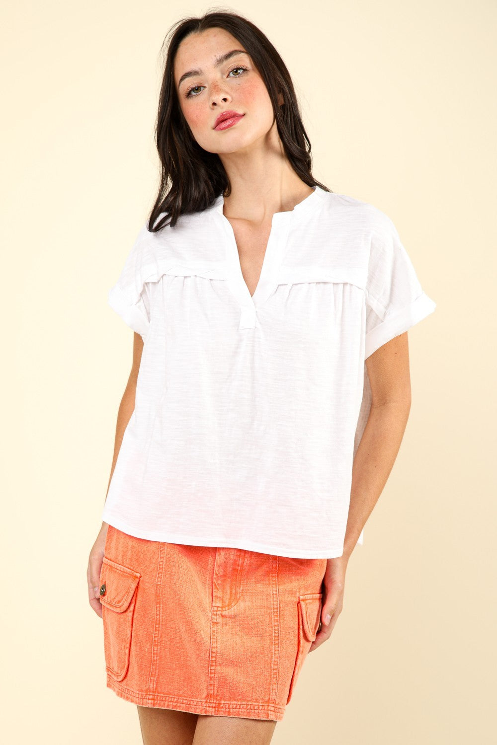 Notched Short Sleeve Washed T-Shirt Very J Ivory S 