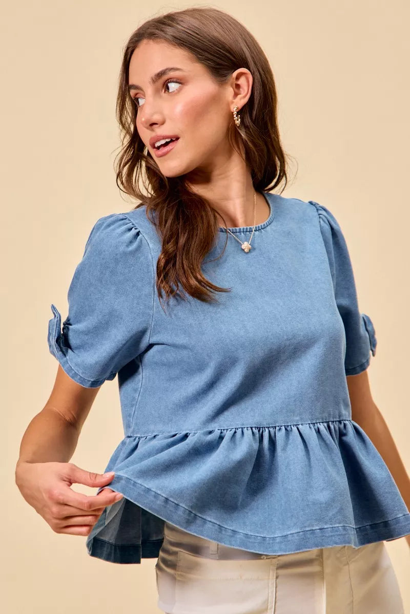 Denim Bow Detail Short Sleeves Peplum Top So Me