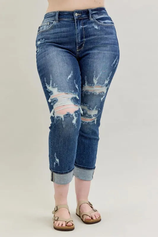 Mid Rise Cuffed Destroy Bf Jeans With Plus Size Judy Blue