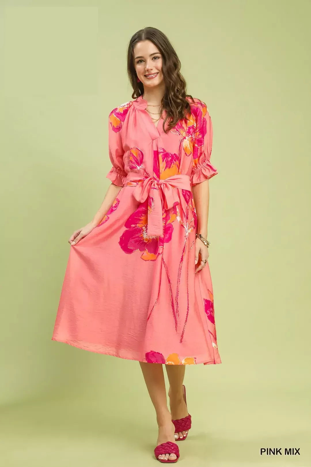 Floral Flounce Sleeve Midi Dress with Belted Umgee