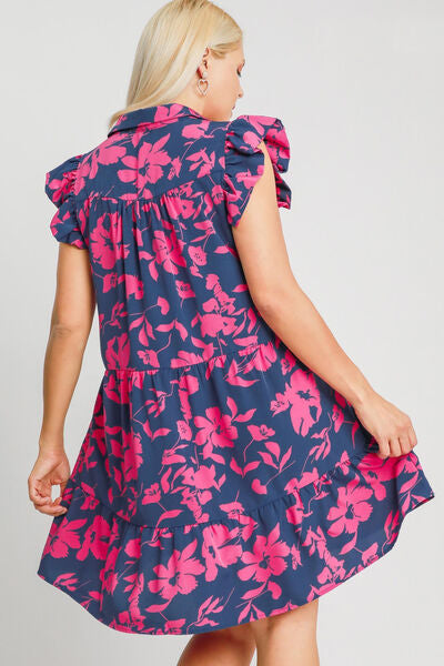 Floral Print Ruffle Cap Sleeve Tiered Dress Umgee