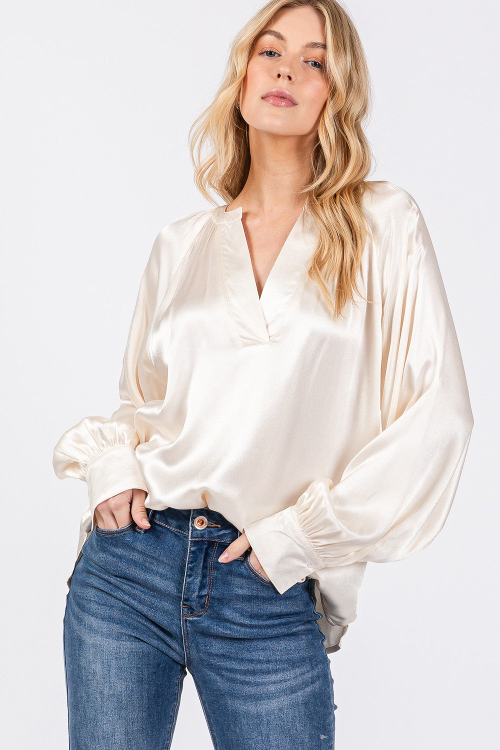 Notched Long Sleeve Raglan Blouse Sage + Fig   