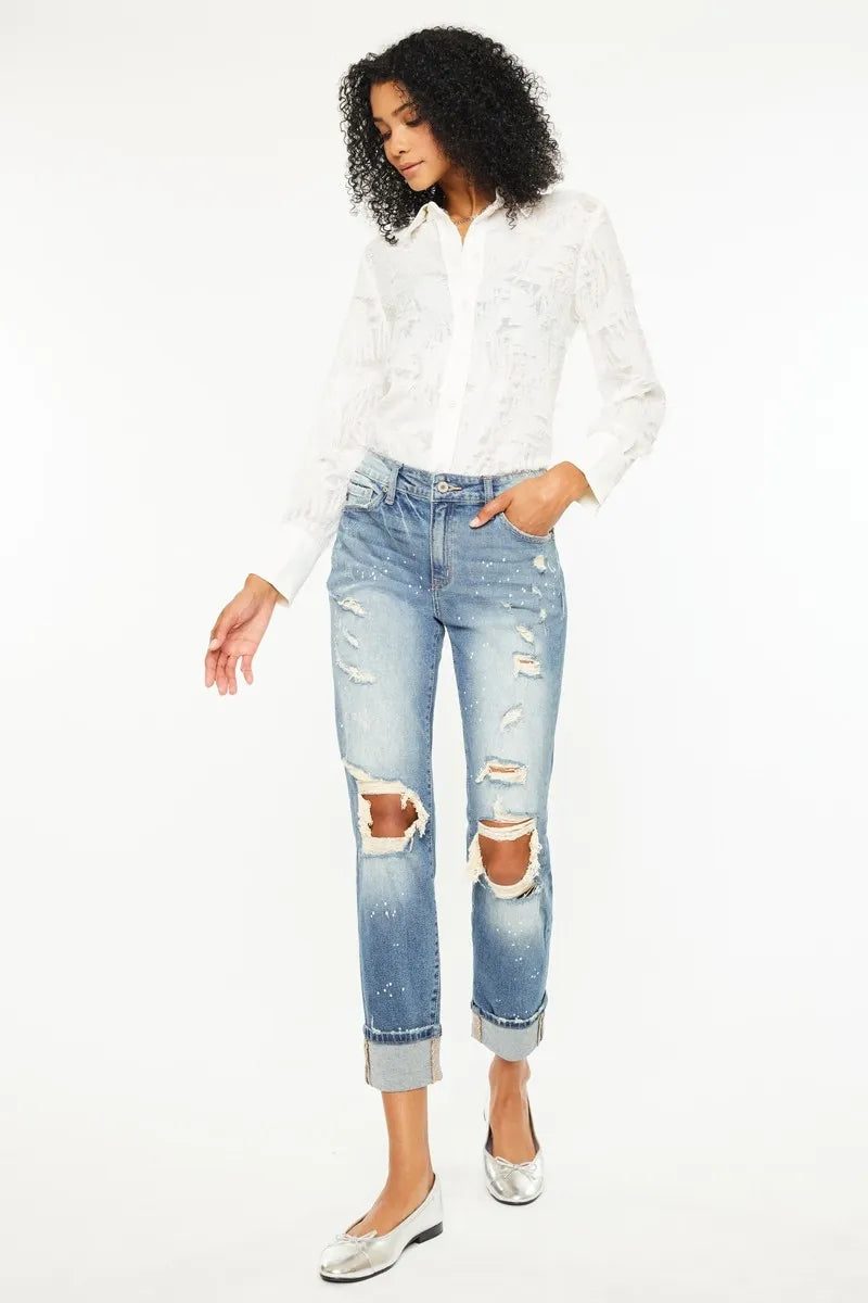 High Rise Distressed Boyfriend Fit Jeans Kancan