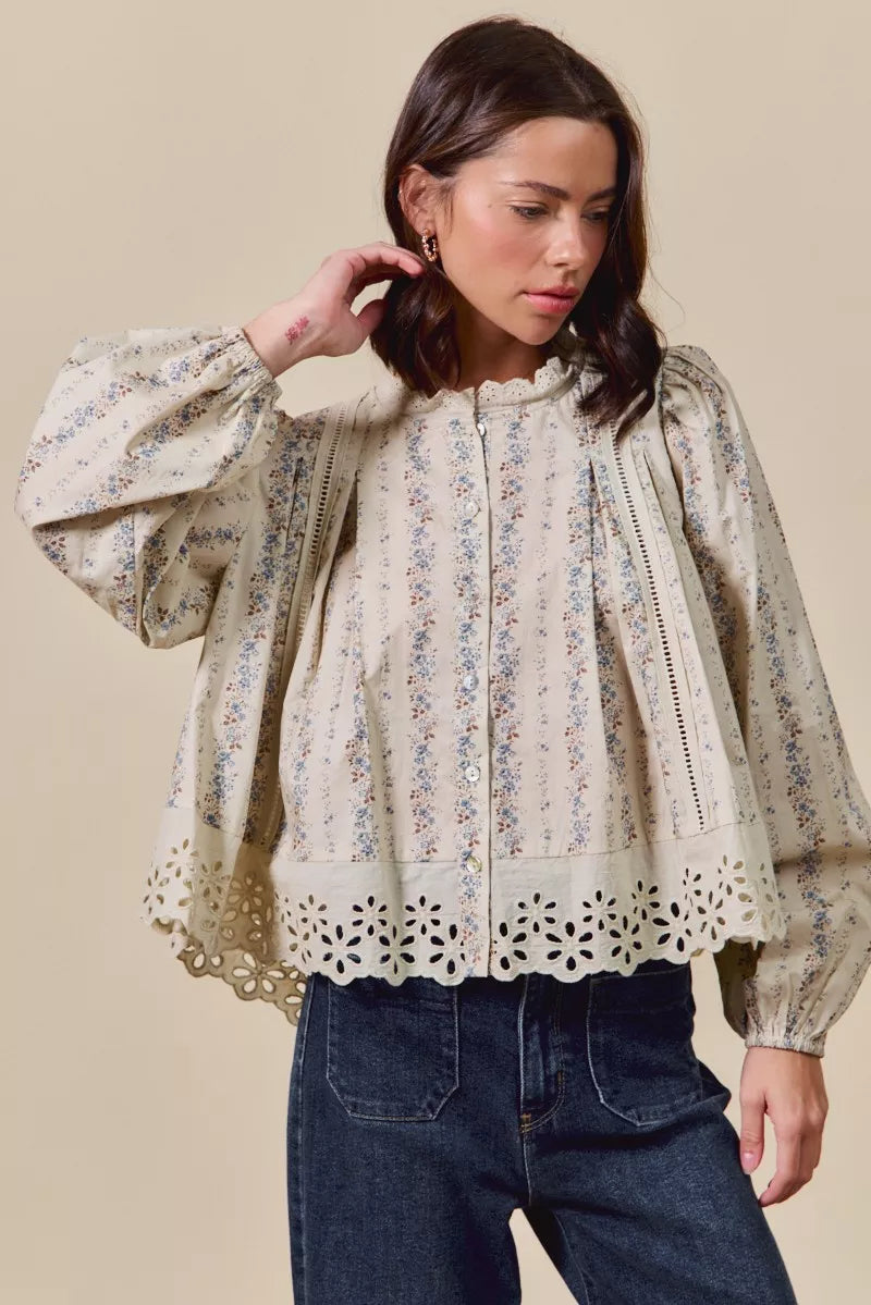 Floral Print Lace Button Down Shirt So Me