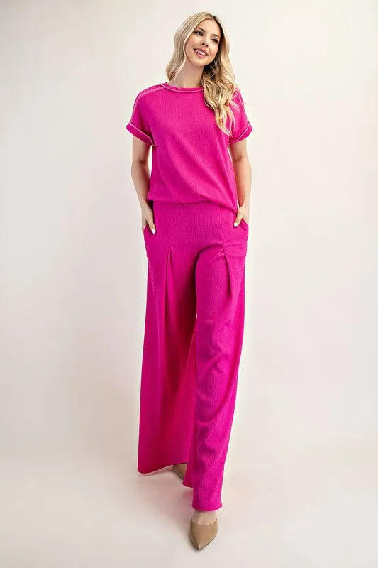 Textured Wide-Leg Pants with Pockets Celeste
