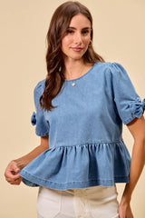 Denim Bow Detail Short Sleeves Peplum Top So Me