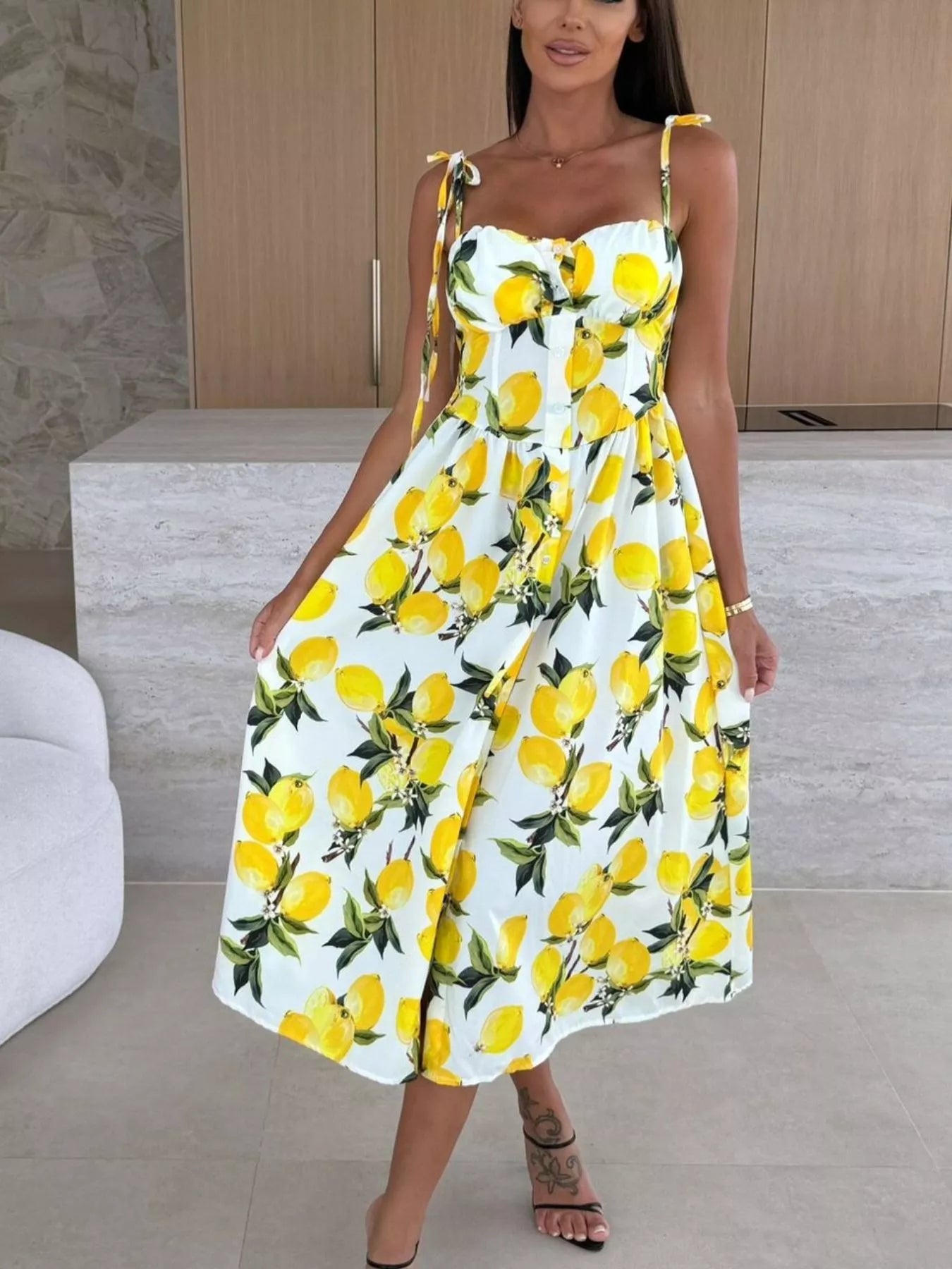 Printed Tie-Strap Midi Dress Simmer & Fay