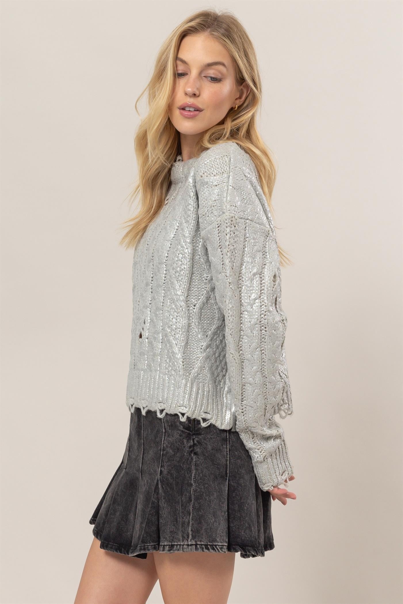 Distressed Cable-Knit Round Neck Long Sleeve Sweater HYFVE   