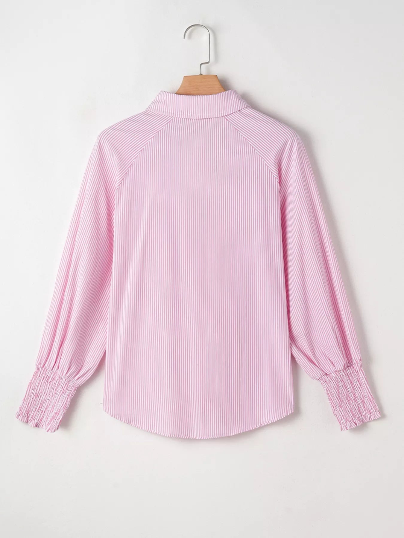 Pinstripe Long Sleeve Smocked Cuffs Button Shirt Collar Blouse Simmer & Fay
