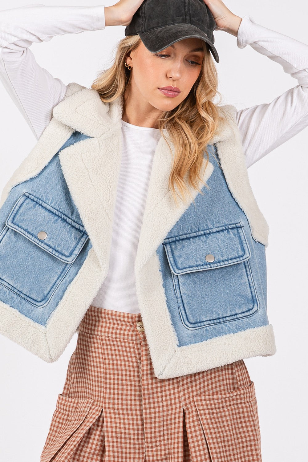 Pocketed Collared Neck Sherpa Vest Sage + Fig Denim Blue S/M 