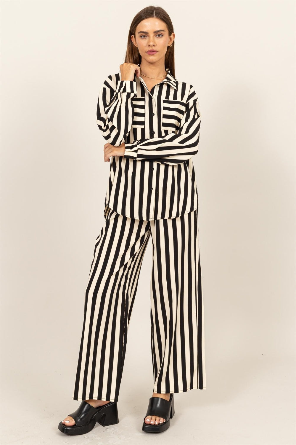 Monochrome Striped Button Shirt & Wide-Leg Pants Set HYFVE Black S 