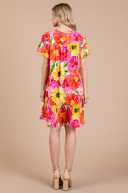 Floral Ruffled Short Sleeve Dress Ces Femme