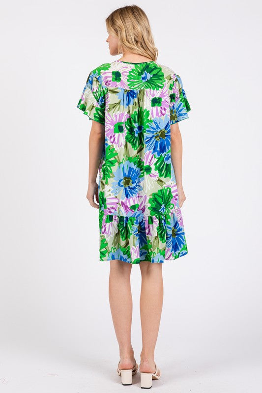 Floral Ruffled Short Sleeve Dress Ces Femme