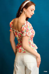 Floral Smocked Peplum Blouse Umgee