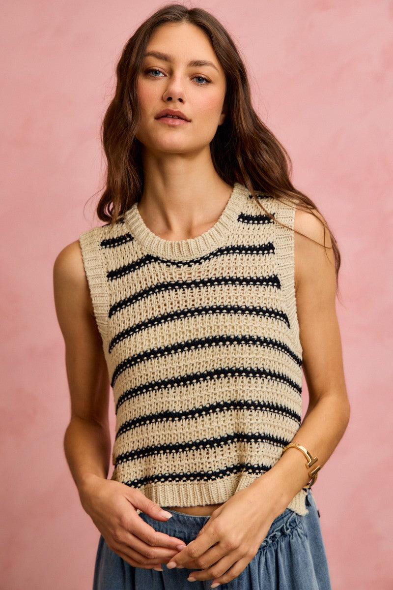 Low Gauge Textured Stripe Sleeveless Sweater Top So Me