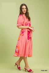 Floral Flounce Sleeve Midi Dress with Belted Umgee