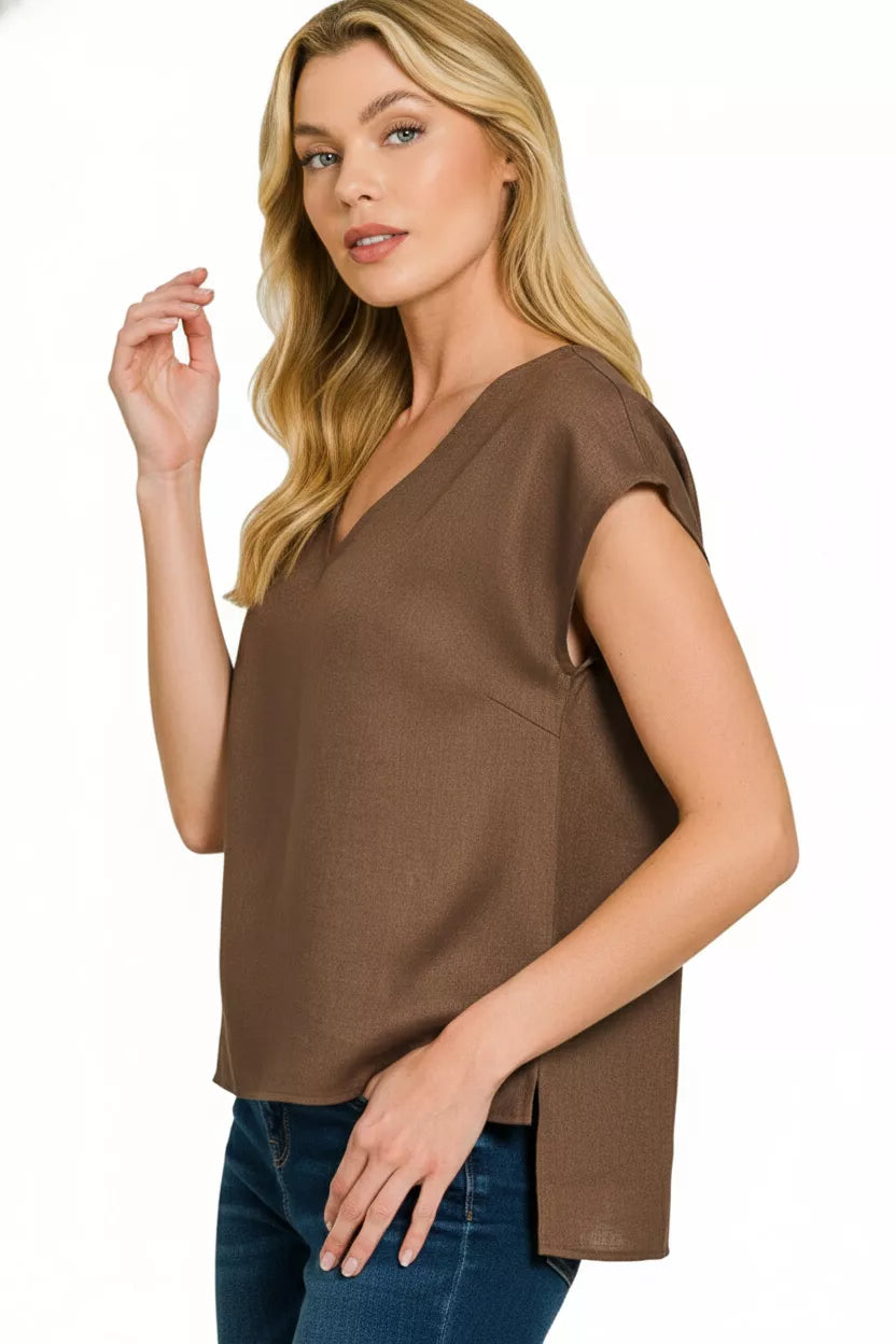 Linen V-Neck Sleeveless Top ZENANA