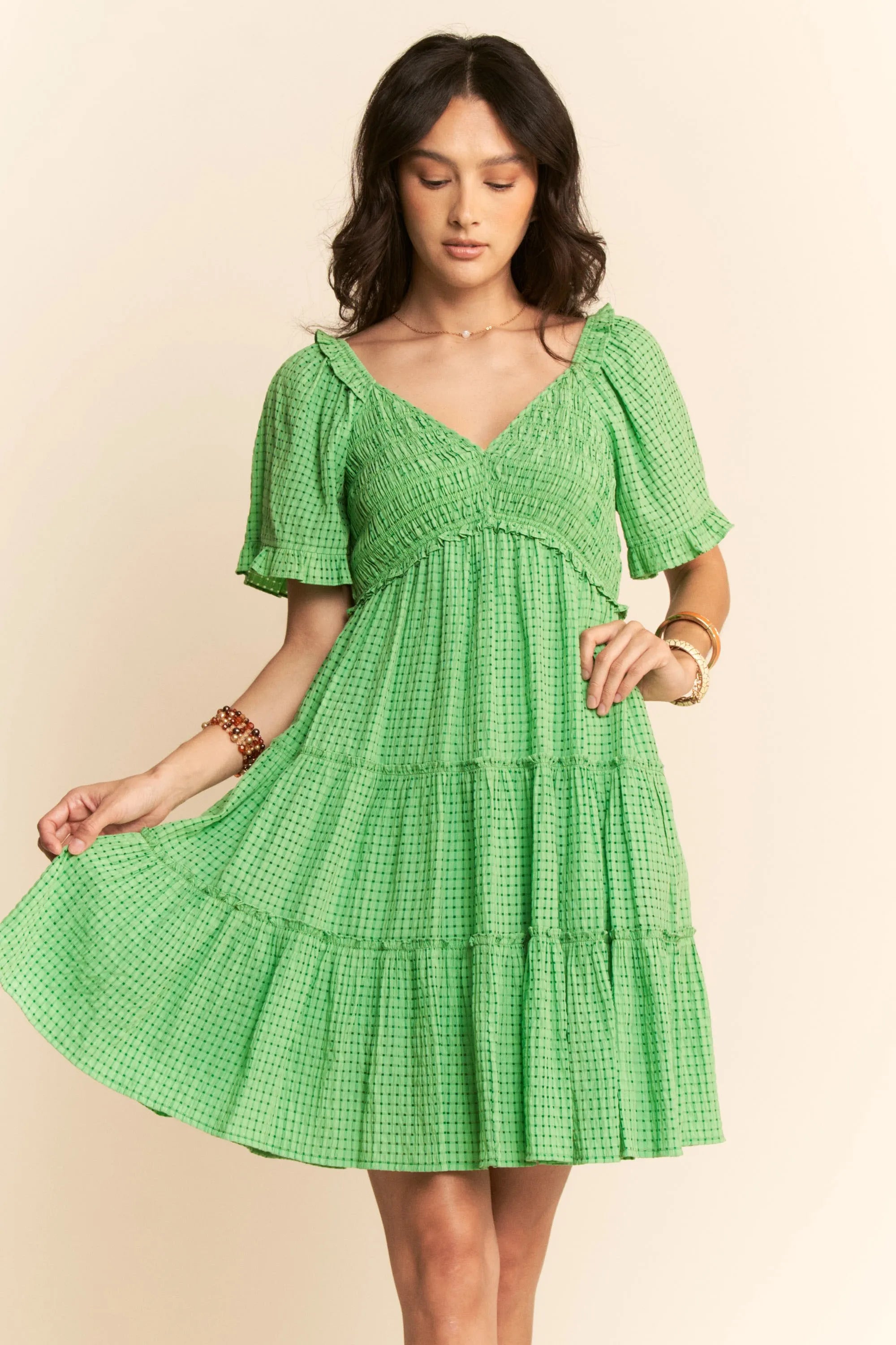 Jacquard Checker Smocking Tiered Dress Davi & Dani IBIZA GREEN S