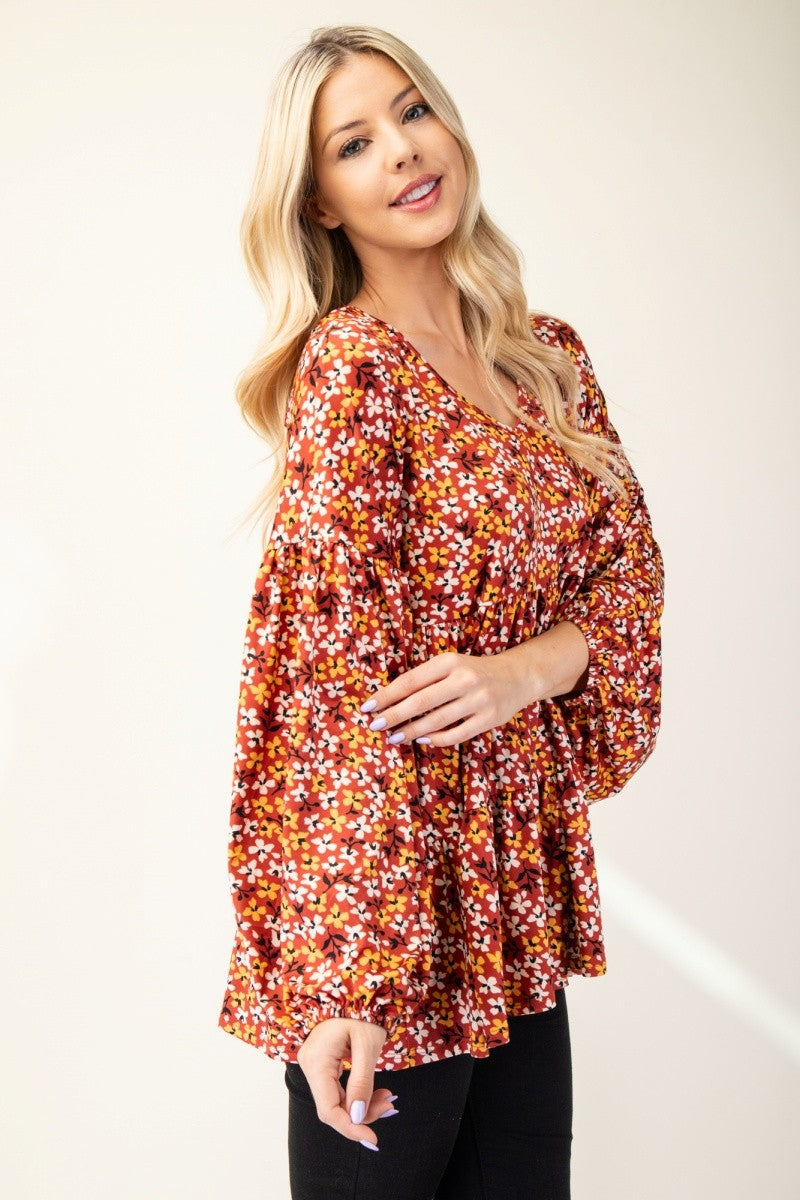 Floral V-Neck Balloon Sleeve Blouse Celeste   