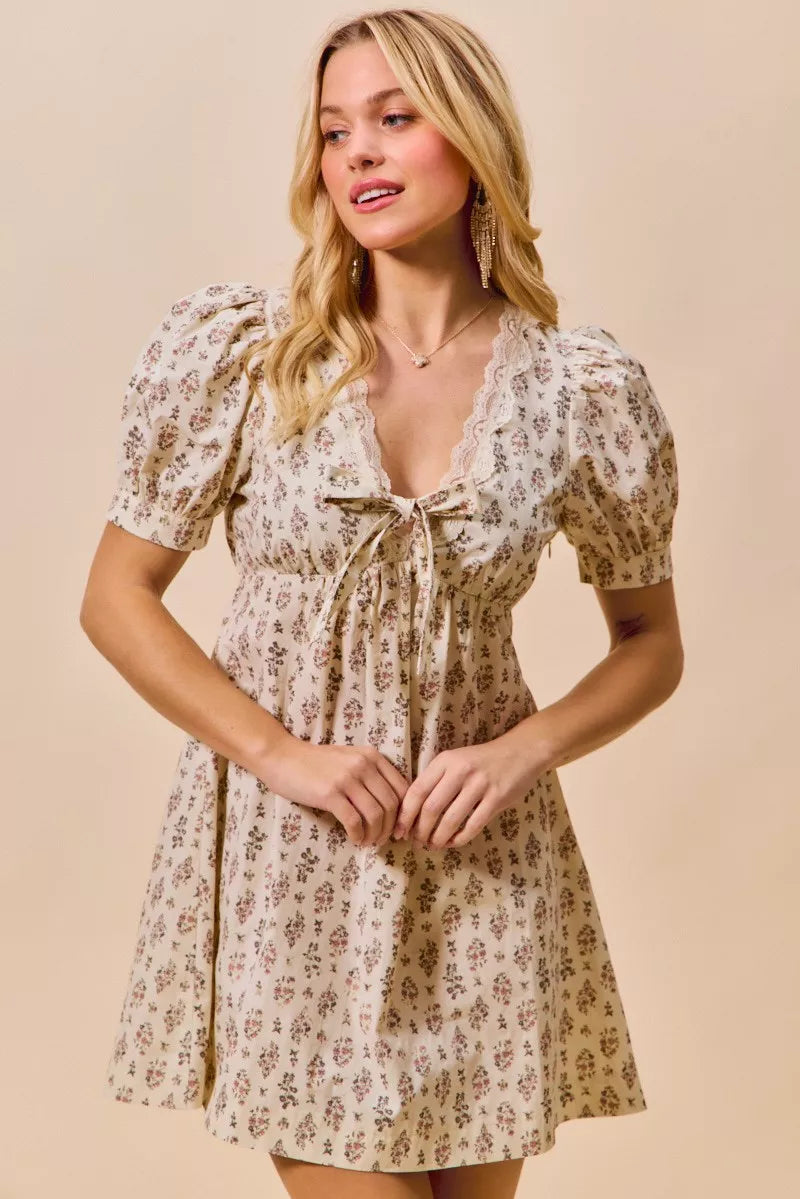 Floral Print Lace Trim Short Sleeves Mini Dress So Me