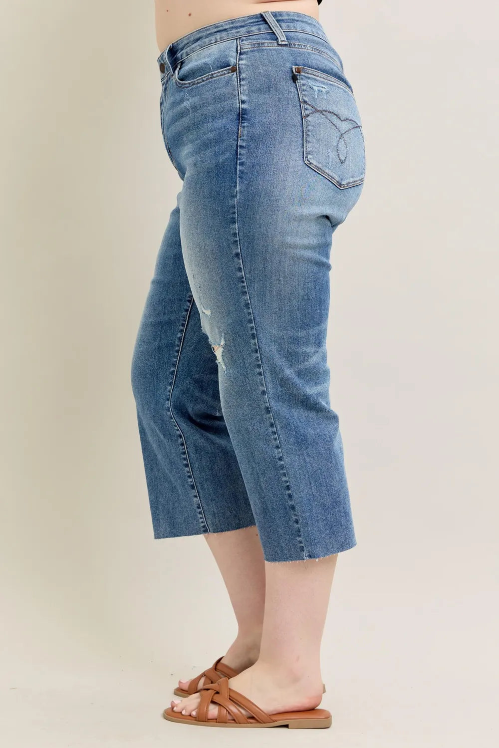 Plus Size High Waist Back Destroy & Raw Cut Hem Crop Wide Judy Blue