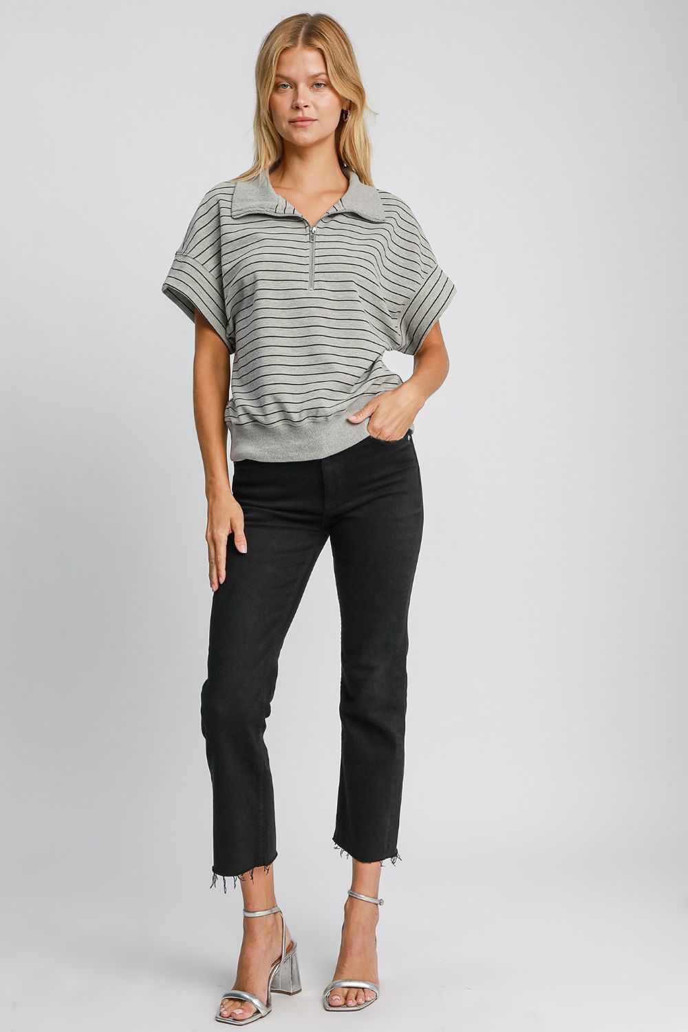 Striped Half Zip Short Sleeve Sweatshirt Umgee