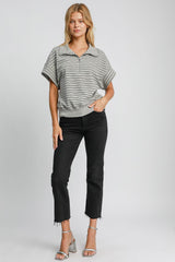 Striped Half Zip Short Sleeve Sweatshirt Umgee