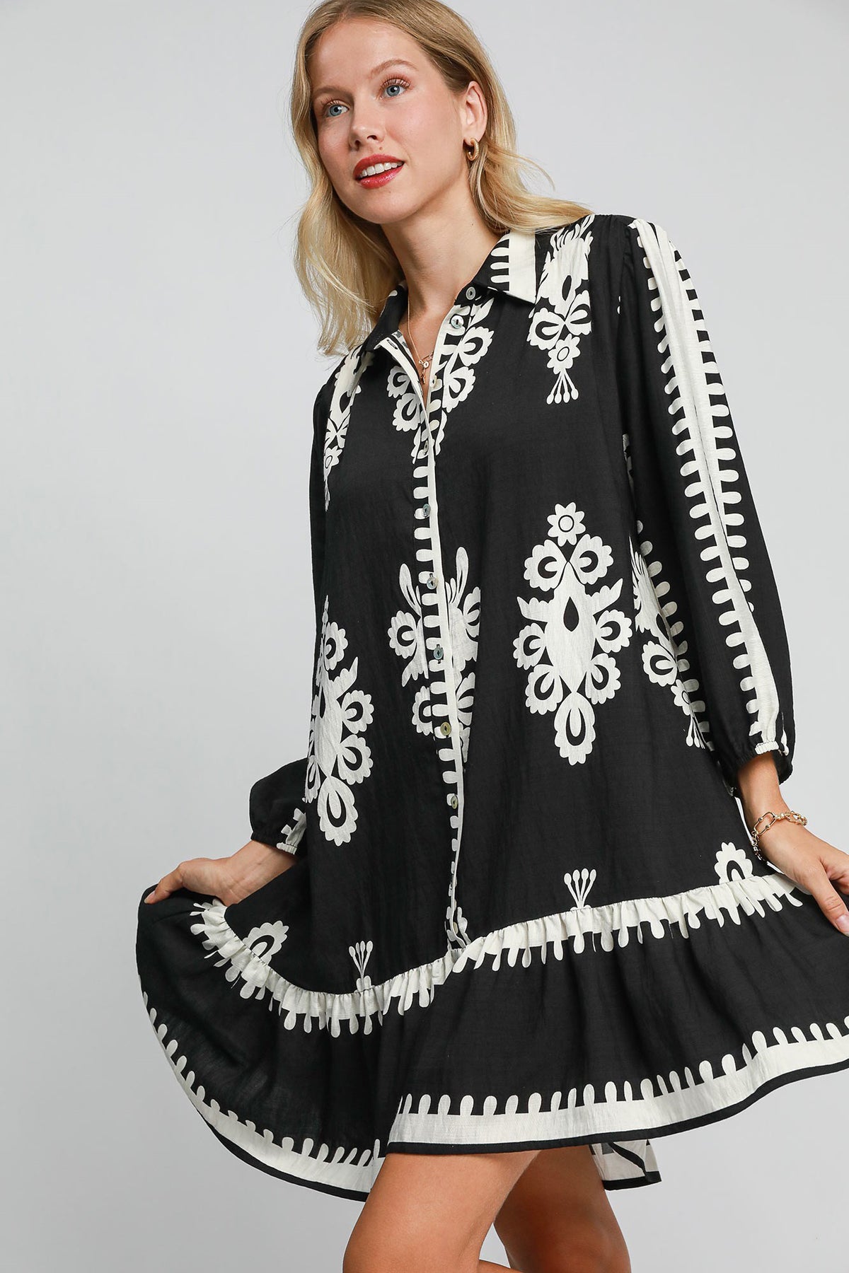 Border Print Button Down Ruffled Hem Dress Umgee Black S