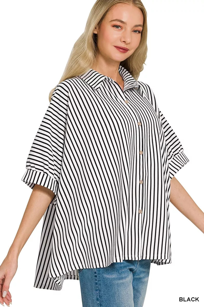 Oversized Stripe Button Down Shirt ZENANA