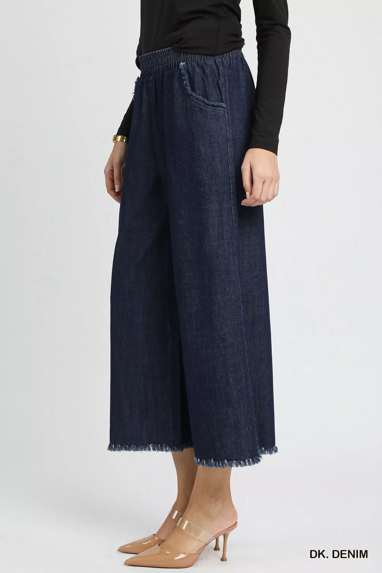 Washed Fringe Hem Wide Leg Jeans Umgee