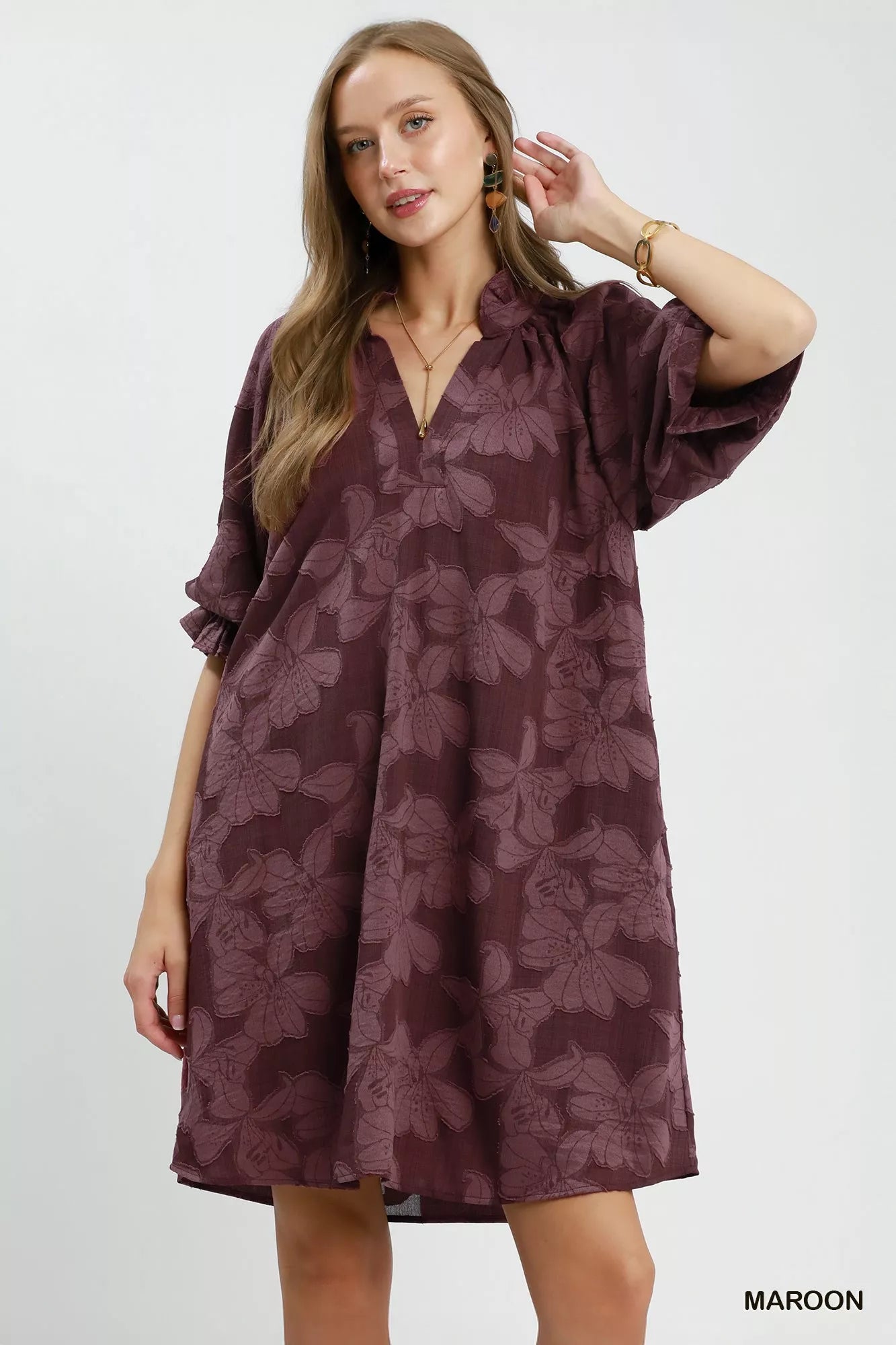 Floral Textured Jacqaurd V-Neck Dress Umgee MAROON S