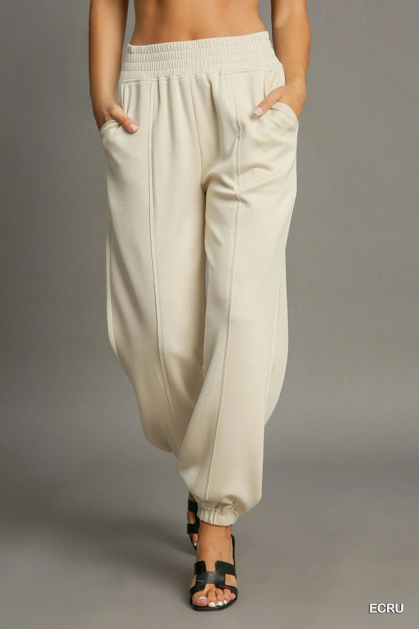 Drawstring Jogger Pants with Front Seam Detail Umgee ECRU S