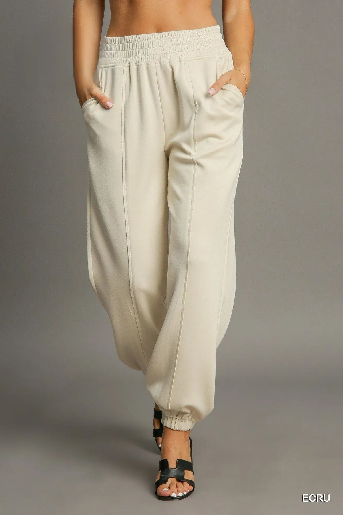Drawstring Jogger Pants with Front Seam Detail Umgee ECRU S