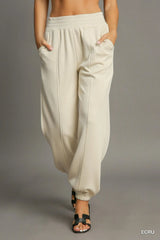 Drawstring Jogger Pants with Front Seam Detail Umgee ECRU S