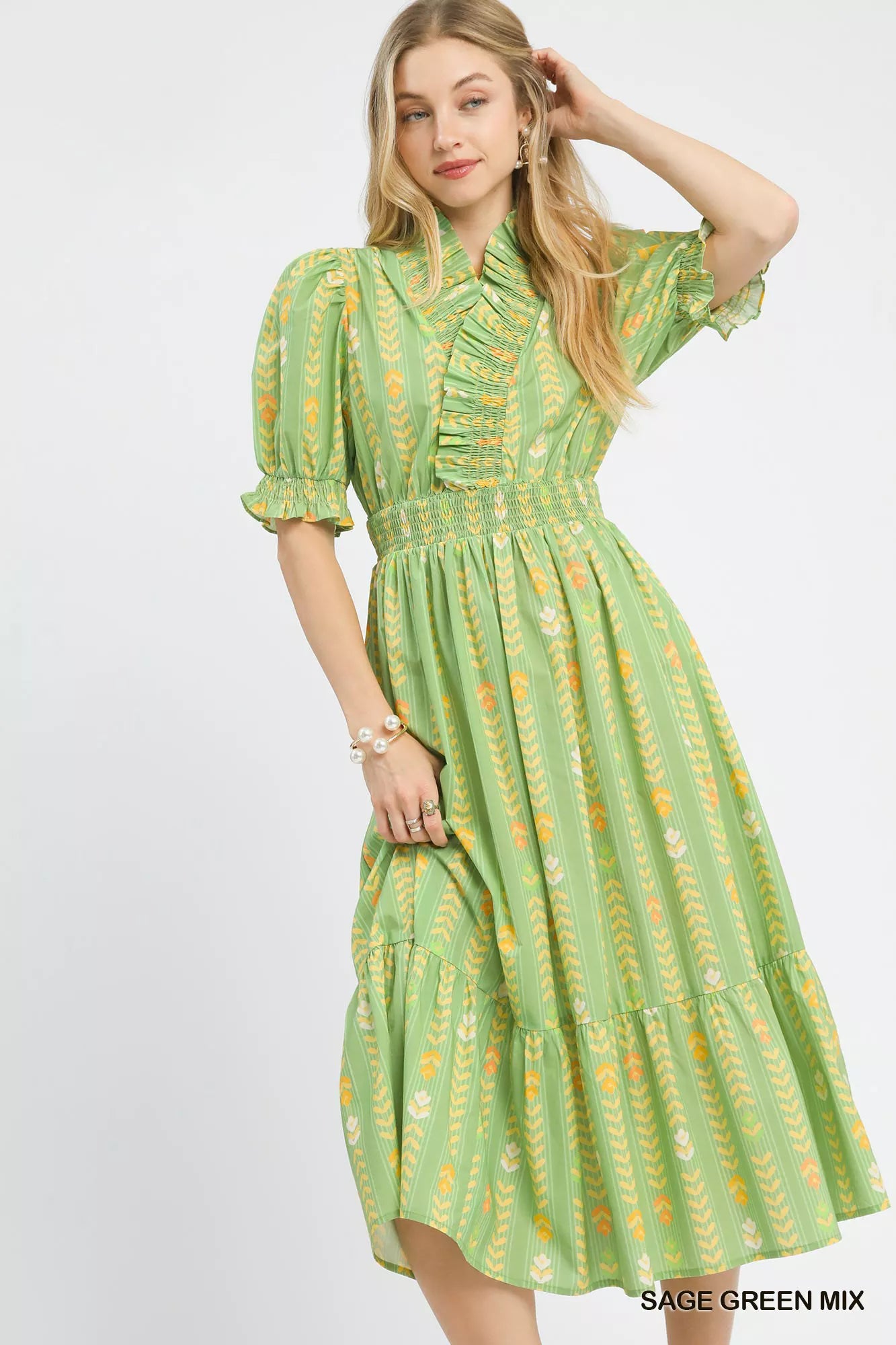 Vibrant Ruffle Smocked Midi Dress Umgee SAGE GREEN MIX S