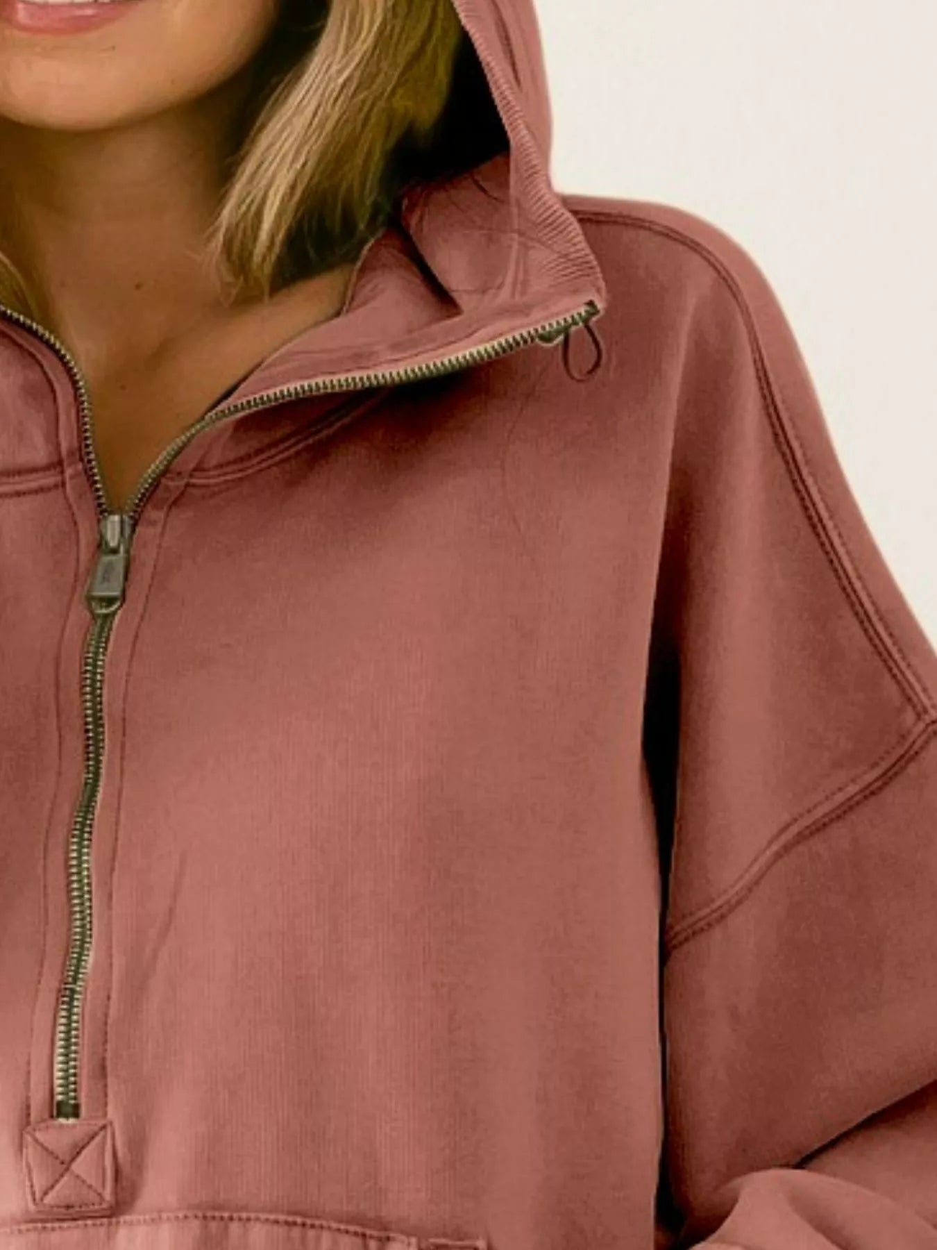 Stitch Detailed Elastic Hem Half Zip Fleece Hoodie BiBi