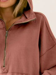 Stitch Detailed Elastic Hem Half Zip Fleece Hoodie BiBi